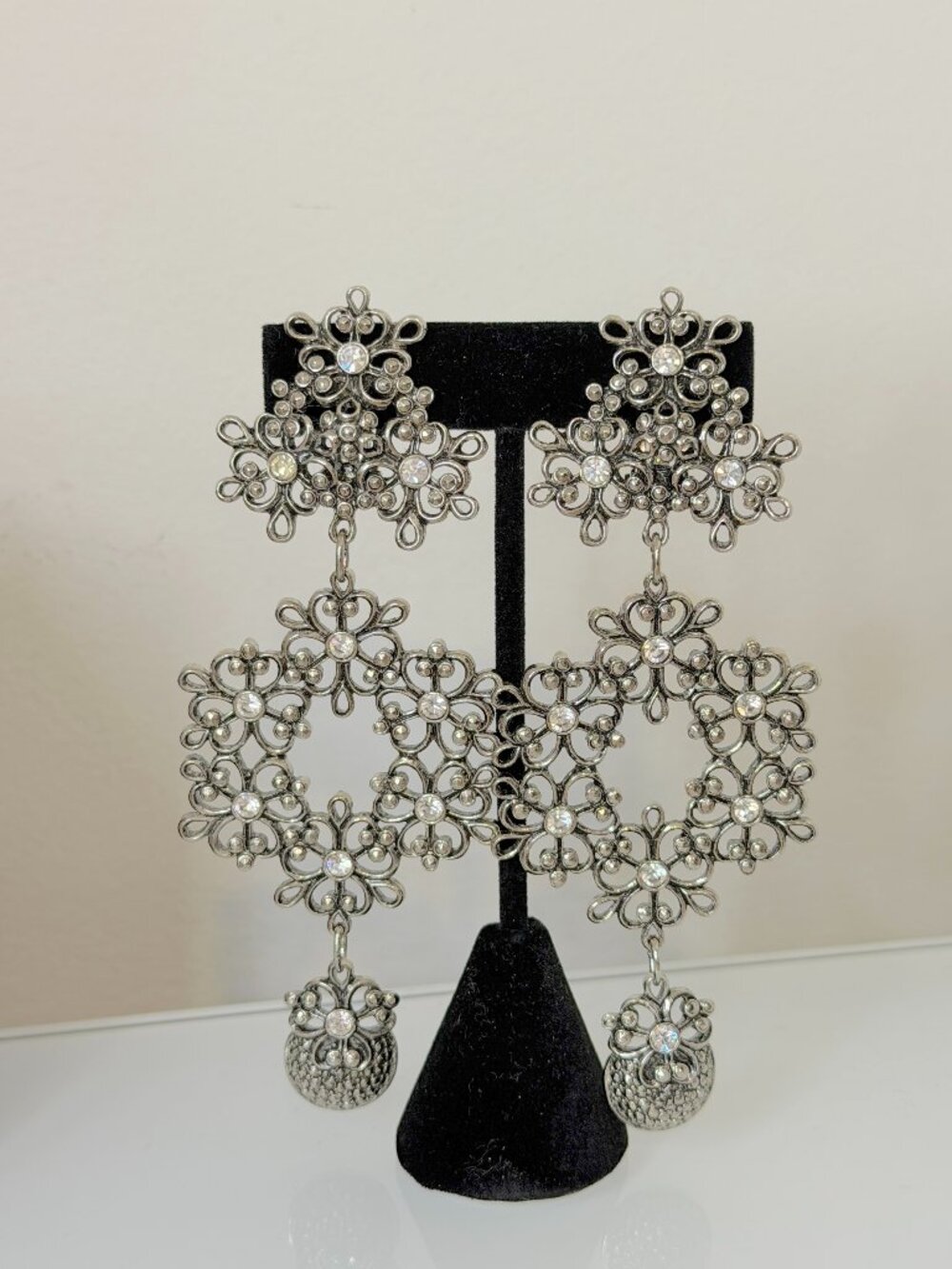 Vintage BARRERA Silver Rhinestone Dangle Crystal Earrings Statement Jewelry